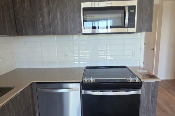 Kitchen counter with stainless steel dishwasher, black stove, and white subway tile backsplash. - 614 - 740 Whitlock Avenue, Milton