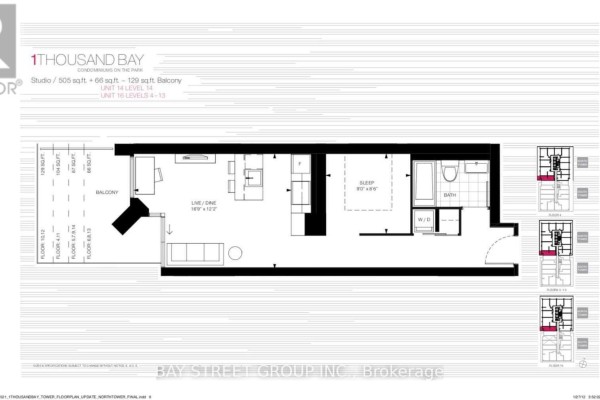 Floor plan of a studio apartment with balcony, living/dining area, kitchen, bedroom, and bathroom. - 616 - 57 St Joseph Street, Toronto