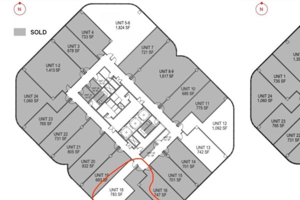 Floor plan showing office units with square footage and some units marked as sold. - 617 - 105 Gordon Baker Road, Toronto