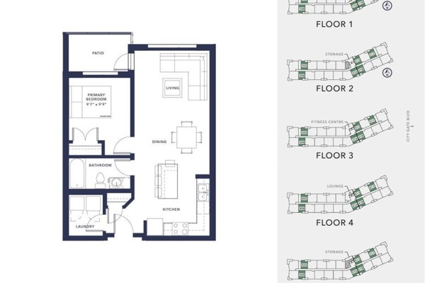 Floor plan showing one bedroom, bathroom, living, dining, and kitchen areas. - 617 2390 City Gate Blvd, Langford
