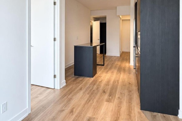 View down a hallway from the kitchen area, showing light wood laminate flooring. - 618 - 101 John Street N, Hamilton