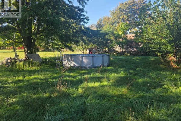 Above-ground pool on a grassy lawn surrounded by trees and vegetation. - 618 Mersea Road 8, Leamington