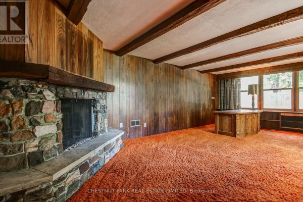 Living room with orange carpet, a large stone fireplace, wood paneled walls, and exposed ceiling beams. - 62 Chapel Street, Brampton