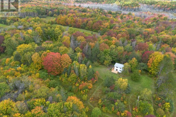 Distant aerial view of the grey house situated amongst vibrant fall foliage. - 6220 Sissiboo Road, Bear River