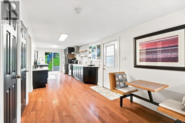 Open concept living space with kitchen, dining area, and wooden floors. - 624 Empire Avenue, St  John S