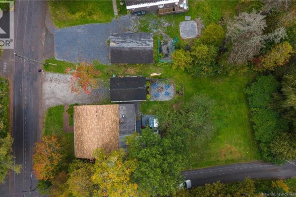 Aerial top-down view of houses, detached garages, and yards with trees showing fall colors. - 63 Stevens Road, Saint John