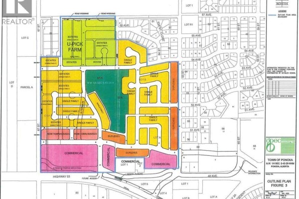 Conceptual site plan showing proposed development areas labeled for single-family, duplex, commercial, and farm uses. - 6302 48 Avenue, Ponoka
