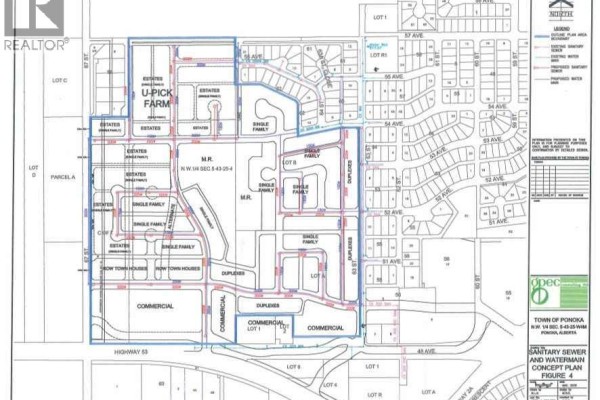 Close-up aerial view of a property map with numbered lots and planned utility lines. - 6302 48 Avenue, Ponoka