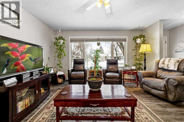Living room with large windows, two armchairs, and a coffee table, featuring plants and decor. - 6304 39 Avenue, Camrose