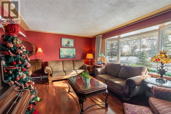 Cozy living room with large windows, Christmas tree, and vintage decor - 635 Highbury Park, Sarnia