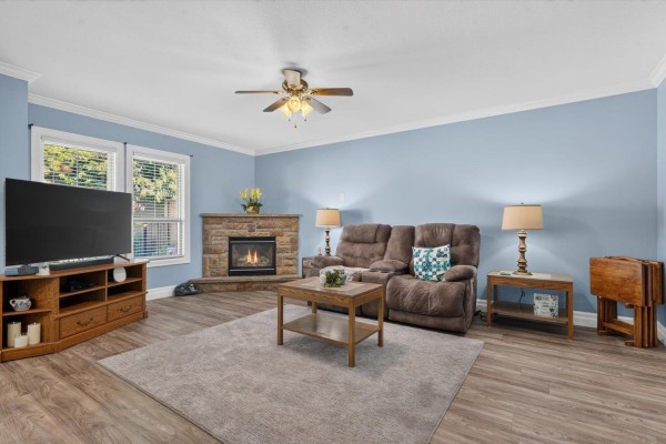 Living room with a fireplace, blue walls, brown furniture, and a large television on a media stand. - 64 6449 Blackwood Lane, Sardis South, Chilliwack