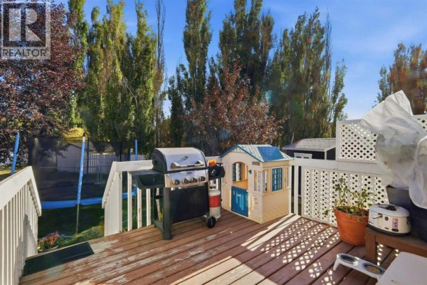 Wooden deck with a barbecue, a child's playhouse, and various plants. - 6404 55 Avenue, Ponoka