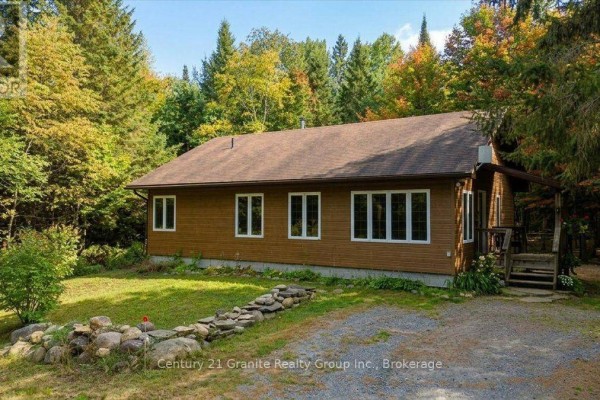 Side view of a brown wood-sided house with a brown roof and large windows. - 649 Madawaska Road, Hastings Highlands