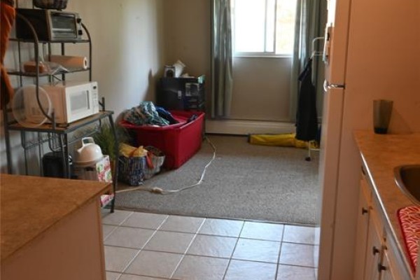 View of a doorway into a room with carpet, window with curtains, and storage shelves. - 65 Baldoon Road Unit# 11, Chatham