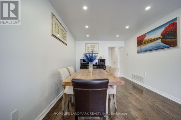 Dining room showing a wooden table, chairs, dark wood floor, and wall art. - 65 Shepton Way, Toronto