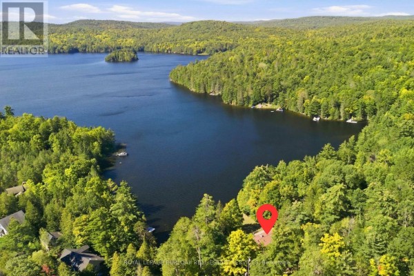 Aerial perspective of the property showing the house, deck, and surrounding wooded landscape leading down to the water's edge. - 654 A Chimo Road S, Greater Madawaska