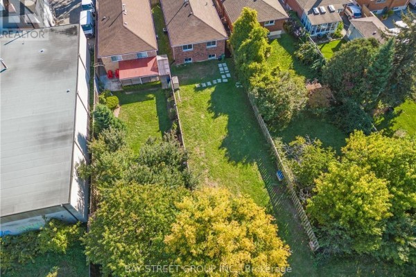Aerial view of the backyard of 66 Ewen Road, Hamilton, featuring a grassy lawn and mature trees. - 66 Ewen Road, Hamilton