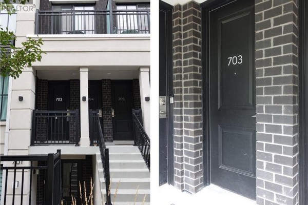 Entrance to units 703, 704, and 705 of a townhouse building. - 665 Cricklewood Drive Unit# 703, Mississauga