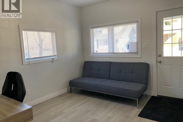 Room with a grey futon, desk, chair, and white door with windows. - 669 Bridge Avenue, Windsor