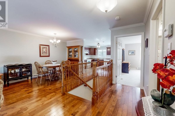 Hallway with a staircase, dining area, and view into the kitchen and living room. - 67 Gisborne Place, St  John S