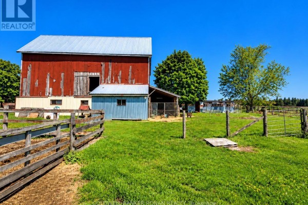 Red barn with a metal roof and weathered wood siding, next to a small blue shed. - 6703 Pine Plains Road E, Adjala Tosorontio