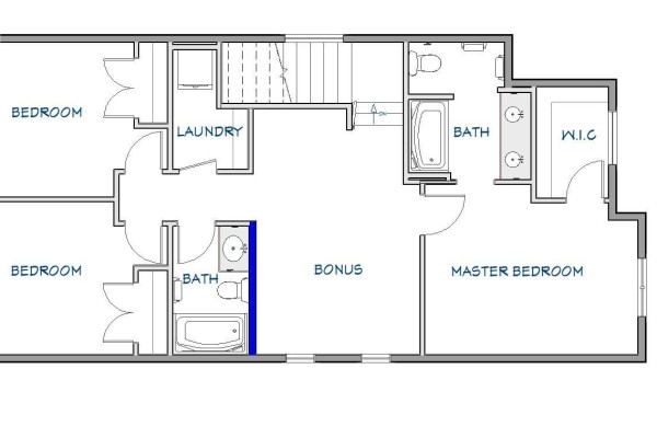 Second floor plan displaying three bedrooms, laundry, bonus room, and master suite. - 671 Henry Dayday Road, Saskatoon