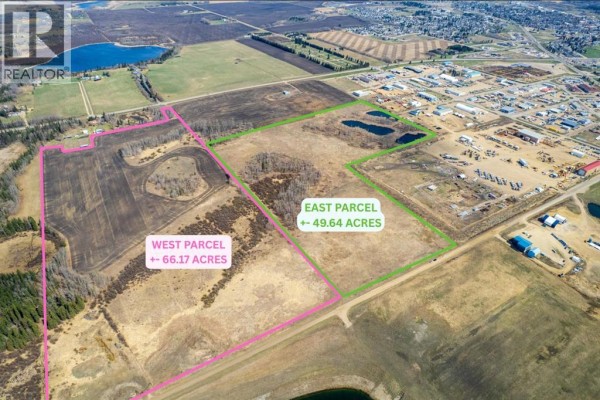 Aerial view of two undeveloped parcels, east 49.64 acres and west 66.17 acres. - 6720 39 Ave, Ponoka