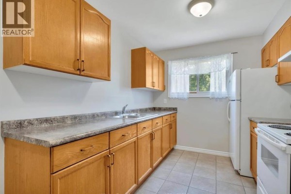 Kitchen with light wood cabinets, speckled countertops, tiled floor, and white appliances. - 6732 Roseville Garden Drive, Windsor