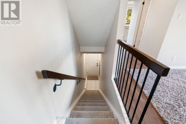 Interior view looking down a carpeted staircase with a white railing and dark wood handrail. - 6754b Jeanne-d'arc Boulevard N, Ottawa