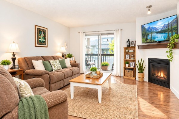 Living room with brown sofa, fireplace, television, and sliding glass door. - 68 19250 65 Avenue, Surrey