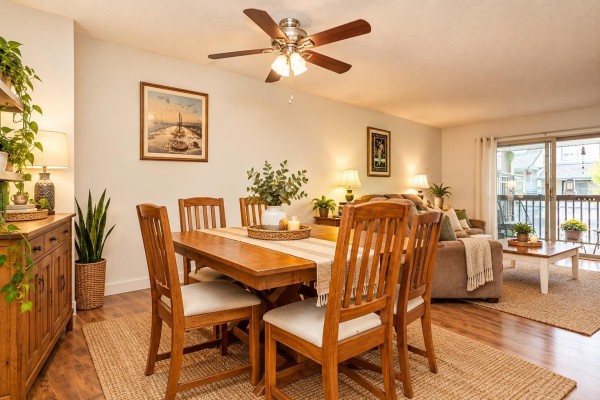 Dining area with wooden table and chairs, adjacent to living room. - 68 19250 65 Avenue, Surrey