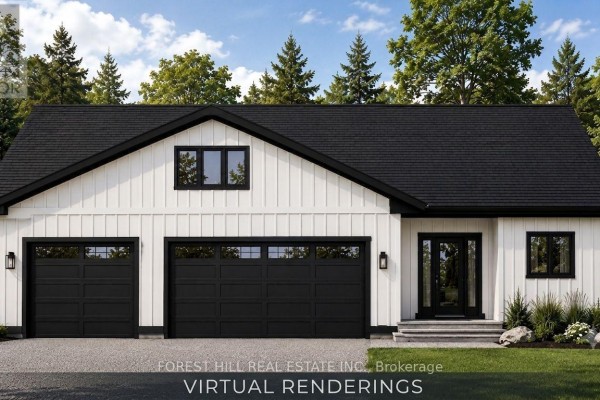 Virtual rendering of a modern home exterior with a white facade, black roof, and a three-car garage. - 68 Beauremi Road, Tiny
