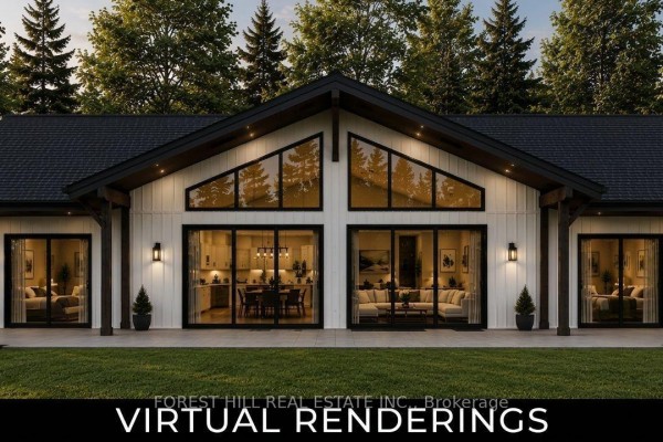 Virtual rendering of a modern home rear exterior featuring large windows, sliding doors, and a patio. - 68 Beauremi Road, Tiny