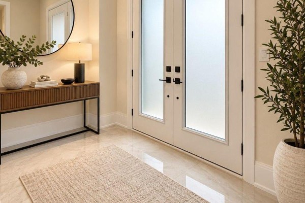 Foyer with double glass doors, marble tile flooring, and a console table. - 68 Caddie Crescent, Vaughan