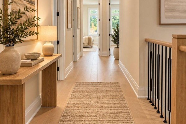Hallway with light wood flooring, a console table, and doors leading to rooms. - 68 Caddie Crescent, Vaughan