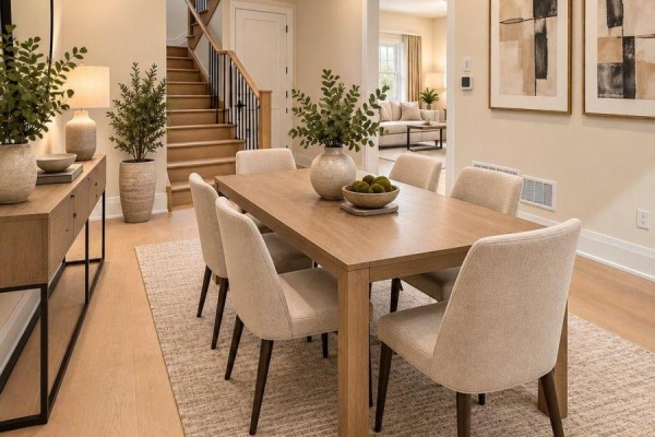 Dining room with a wooden table, upholstered chairs, and a staircase in the background. - 68 Caddie Crescent, Vaughan