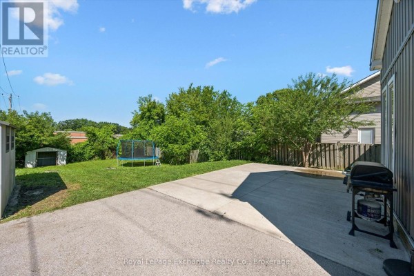 Backyard view showing a concrete driveway, lawn, trees, a shed, and a blue trampoline. - 68 Elgin Street S, Cambridge