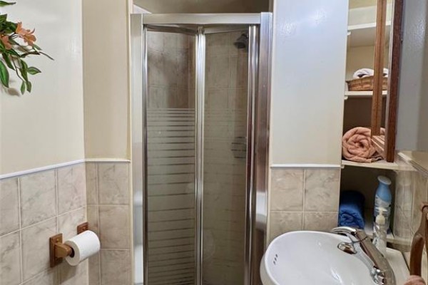 Bathroom with pedestal sink and bi-fold shower door - 68 Greenbriar Trail Wallaceburg