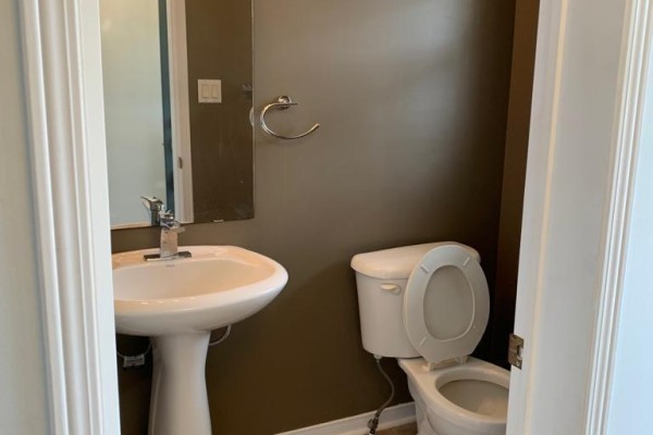 Powder room with a white pedestal sink, toilet, and dark brown walls. - 69 Bloomington Drive, Cambridge