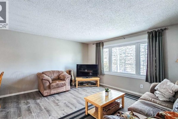 Cozy living room with wood stove, ceiling fan, and laundry area visible - 69565 Range Road 65, Grovedale