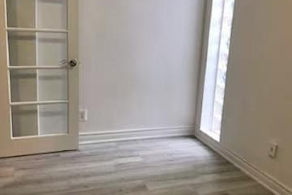 Interior room with light grey wood-look flooring, white walls, and a glass-paned door. - 7 - 373 Broadview Avenue, Toronto