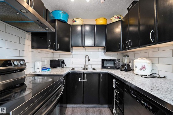 Close-up of kitchen featuring black cabinets, granite countertops, and modern appliances. - #7 13460 Fort Rd Nw, Edmonton
