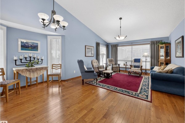 Living room with hardwood floors, blue walls, multiple chairs, sofa, and large windows. - #7 85 Gervais Rd, St  Albert