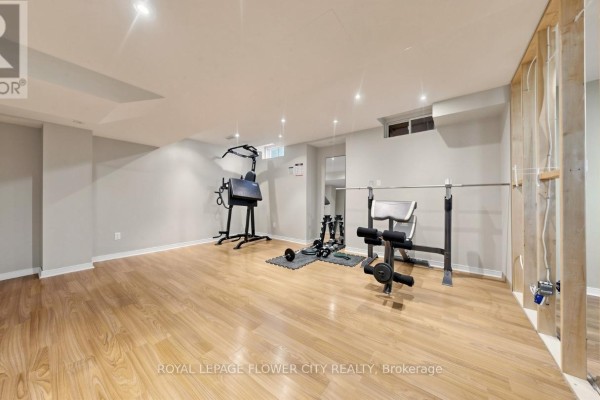 Gym equipment including weight bench and pull-up bar in a finished basement - 70 Boom Road Vaughan