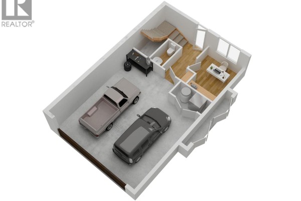 3D floor plan showing garage space for two vehicles and a small office area. - 70 Boundary Street Unit# 200, Kimberley