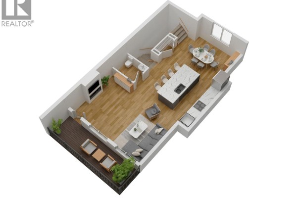 3D floor plan of open-concept living area with kitchen, dining, and seating spaces. - 70 Boundary Street Unit# 200, Kimberley
