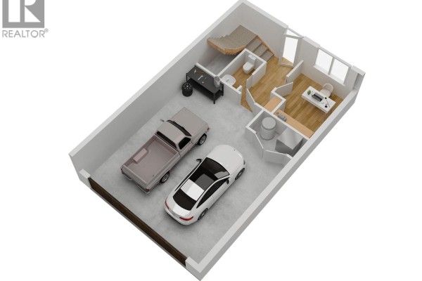 2D floor plan showing garage layout with two vehicles and storage area. - 70 Boundary Street Unit# 204, Kimberley