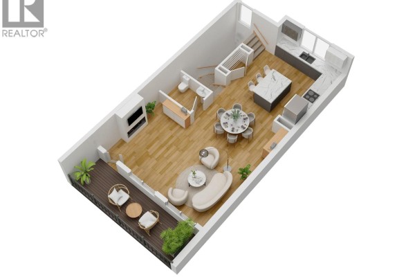 2D floor plan of open-concept living area with kitchen, dining, and seating. - 70 Boundary Street Unit# 204, Kimberley