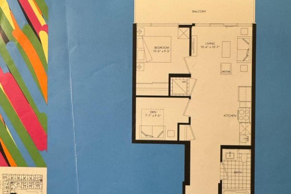 Floor plan showing a one-bedroom unit with a den, living area, kitchen, and balcony. - 701 - 621 Sheppard Avenue E, Toronto