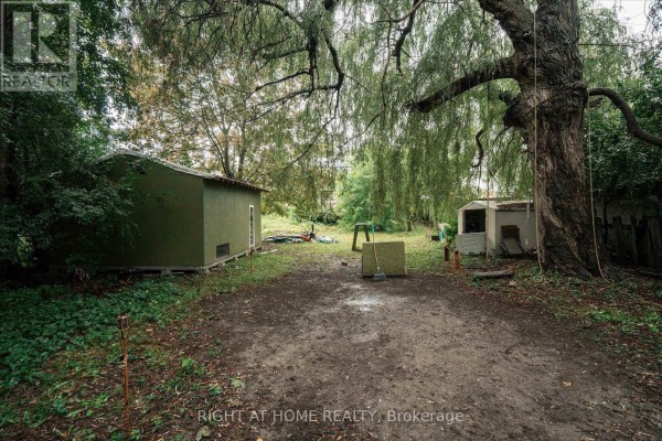 Backyard with sheds, large tree with swing, and rake - 701 Central Park Boulevard N Oshawa